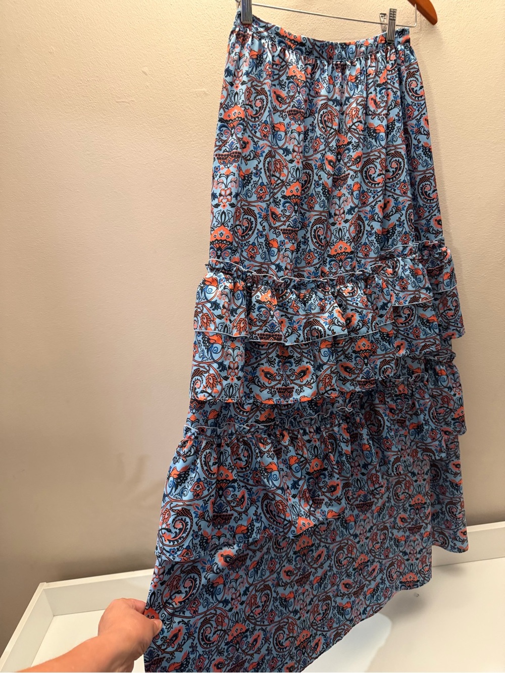 Cynthia Fisher Blue Paisley Tiered Ruffle Maxi Skirt Womens Boho Elastic Waist - Picture 2 of 5